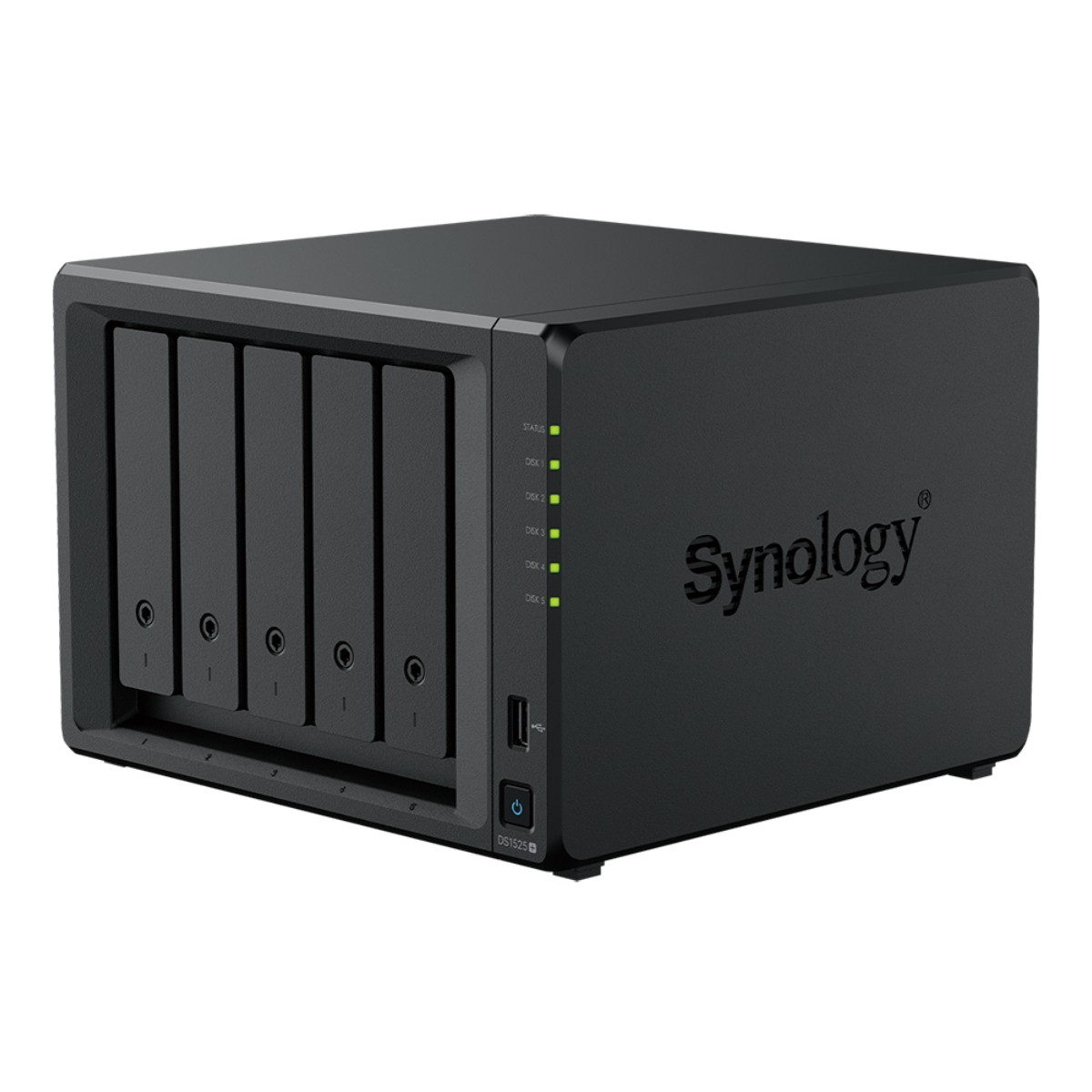 NAS Synology nero con 5 alloggiamenti per unità e spie di stato.