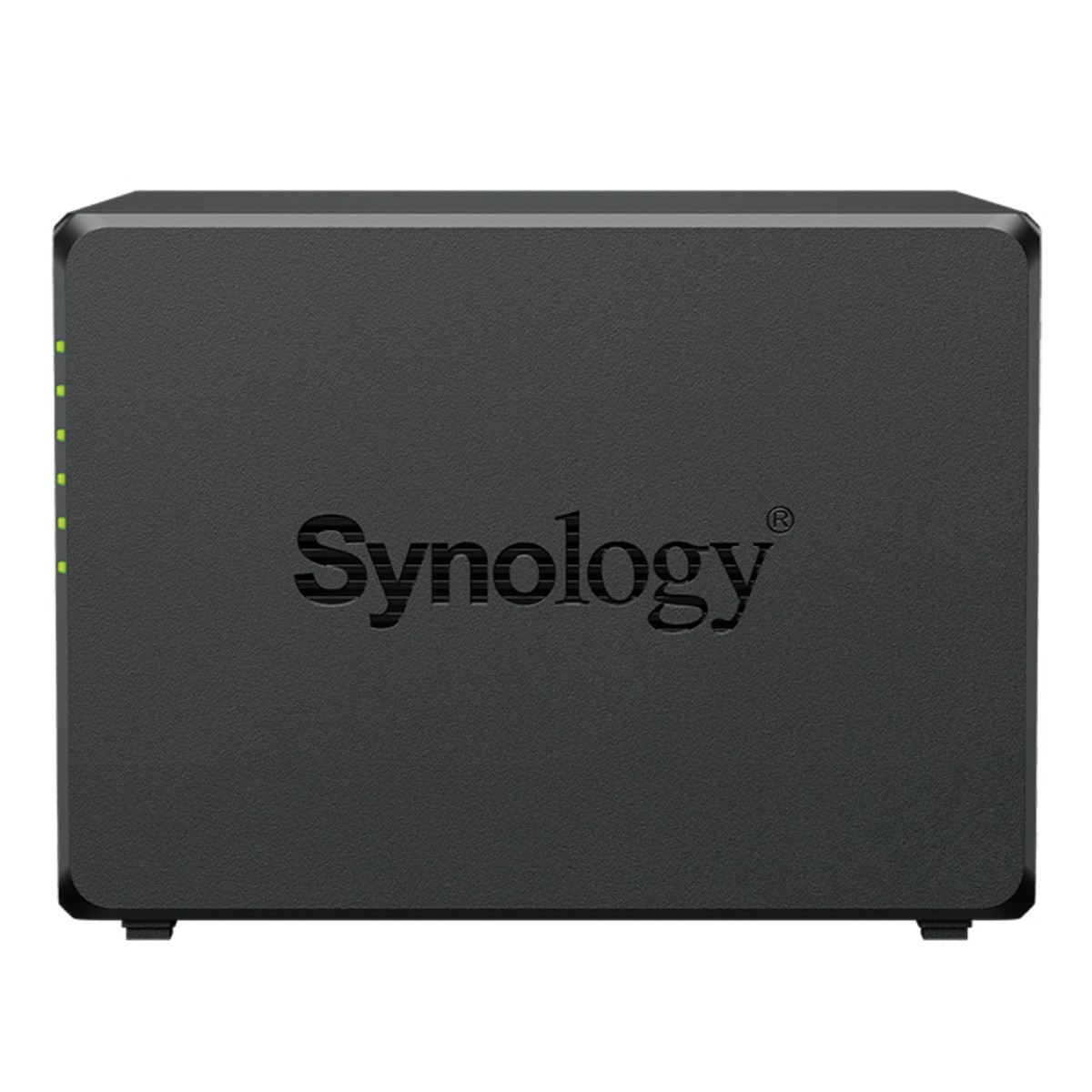 Un NAS Synology scuro con LED di stato verdi sul lato sinistro.