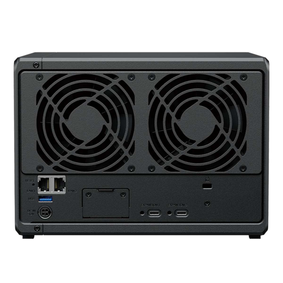 Vista posteriore di un dispositivo NAS nero con due ventole, porte LAN, USB, DC-IN e due porte di espansione.