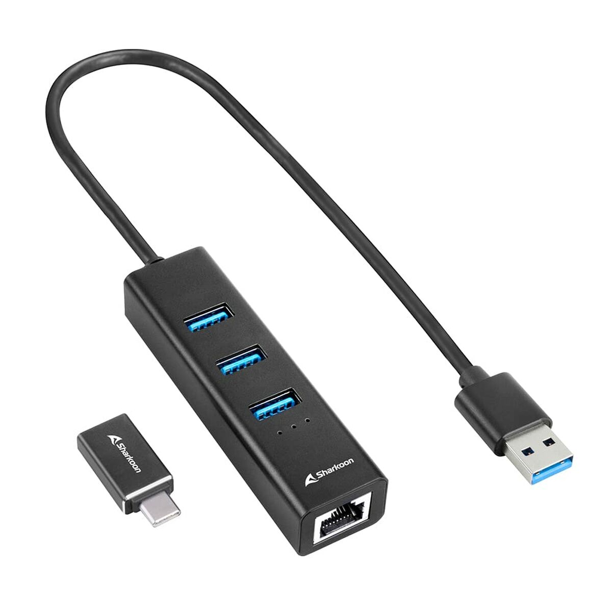 Hub USB nero con tre porte USB-A, un adattatore USB-C e porta Ethernet.