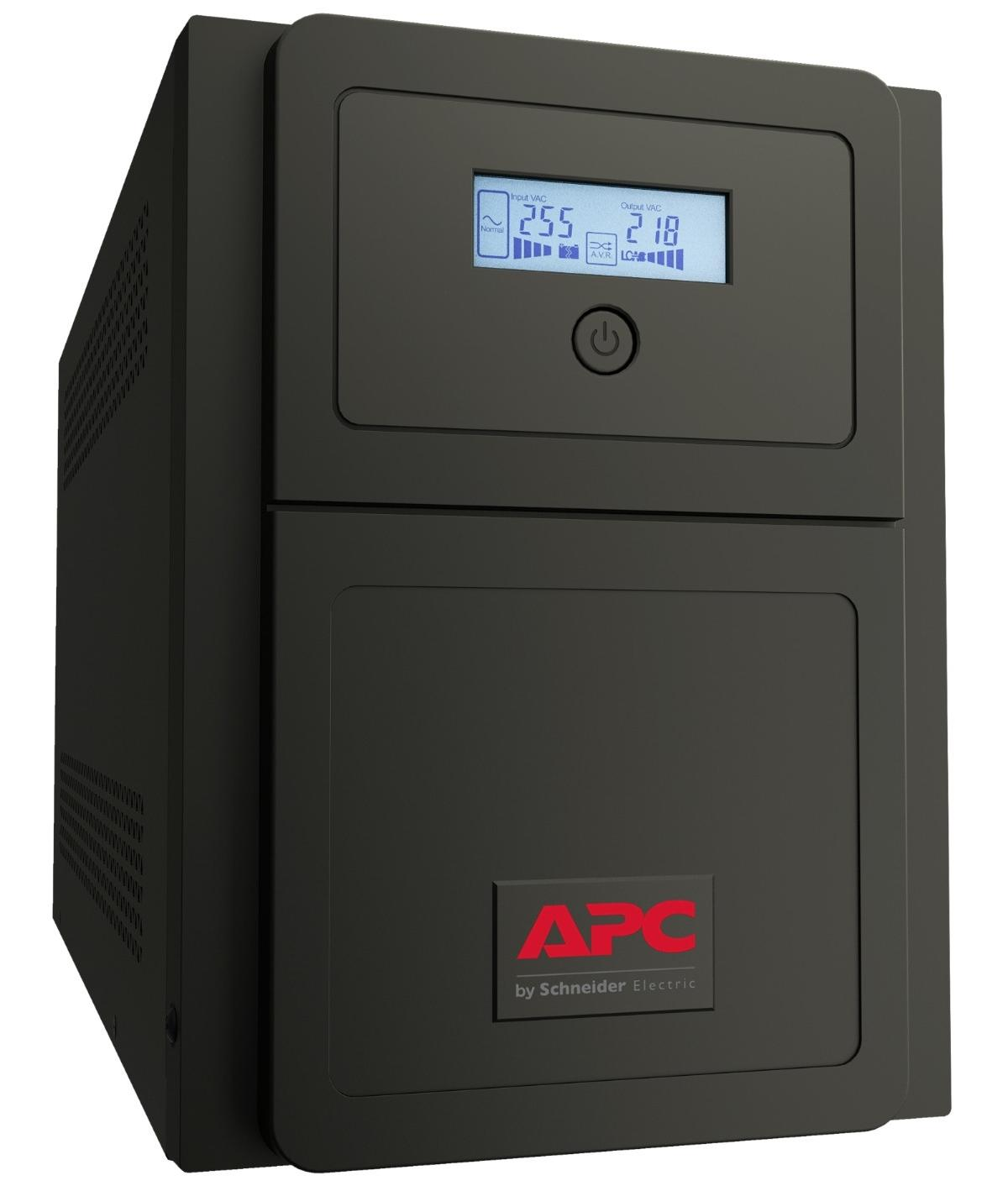 Gruppo di continuità APC nero con schermo LCD che mostra 255V in ingresso, 218V in uscita e AVR.