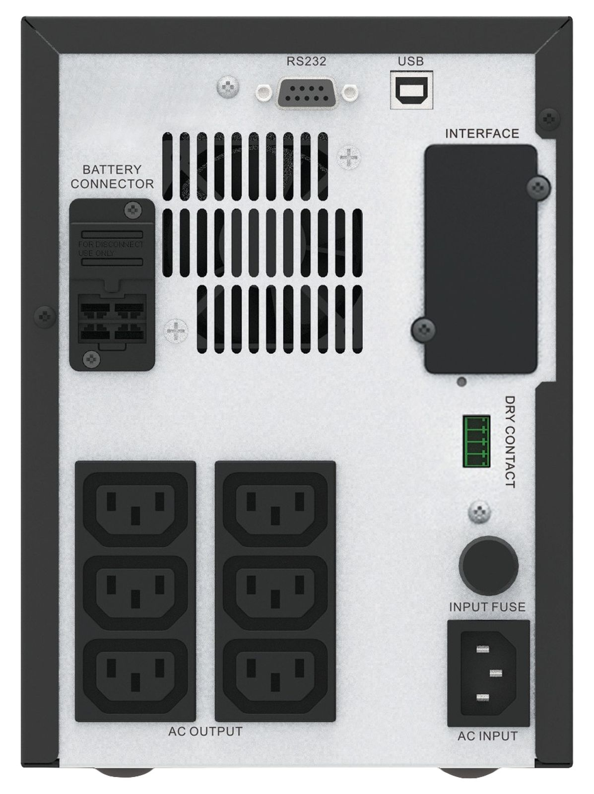 Pannello posteriore con uscite CA, ingresso CA, USB, RS232 e connettore batteria.