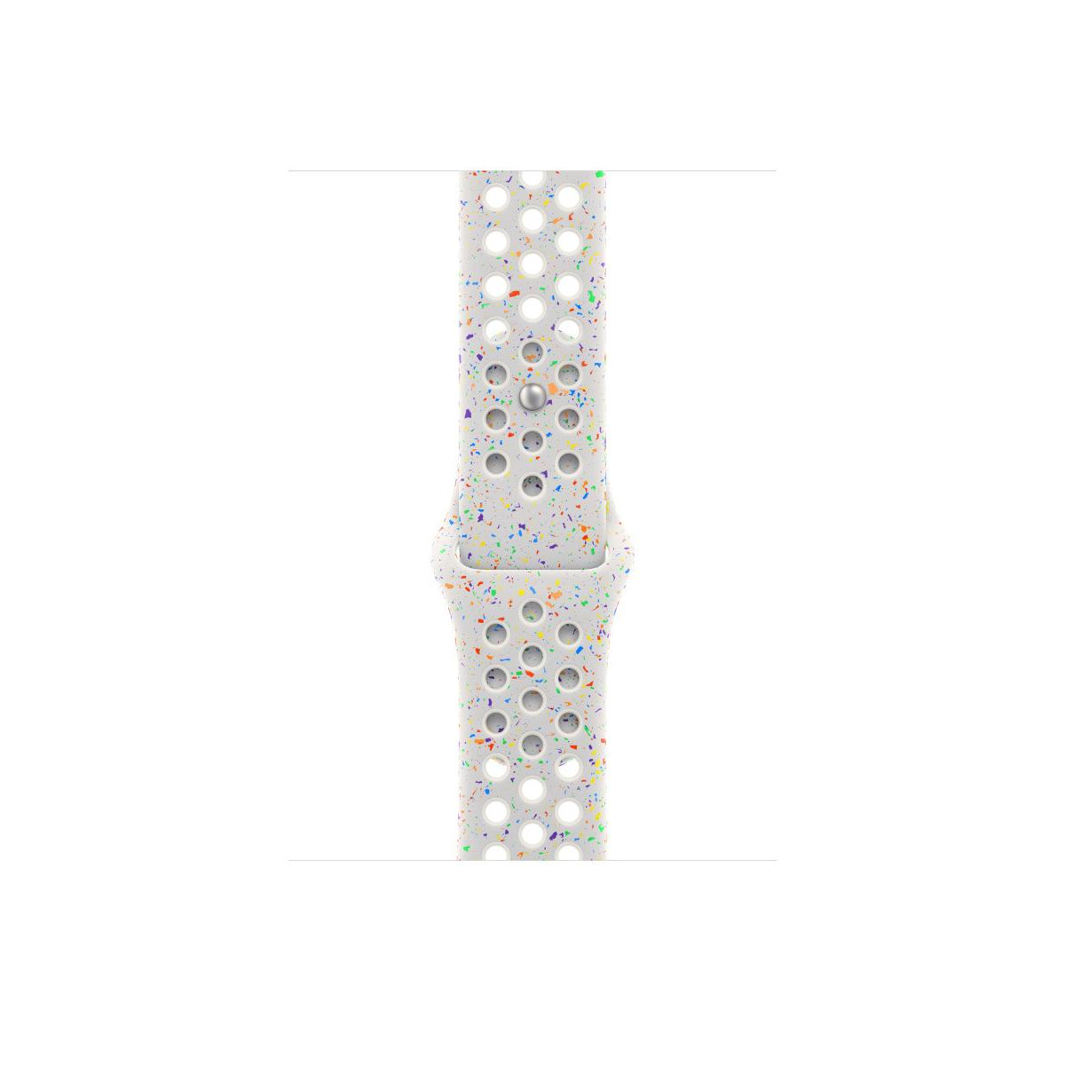 A white watch band with colorful speckles and many small holes.