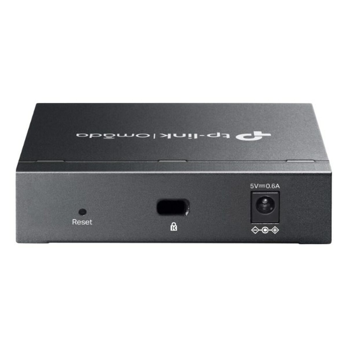 Routeur TP-Link Omada noir avec bouton de réinitialisation, une petite fente et une entrée d'alimentation 5V=0.6A.