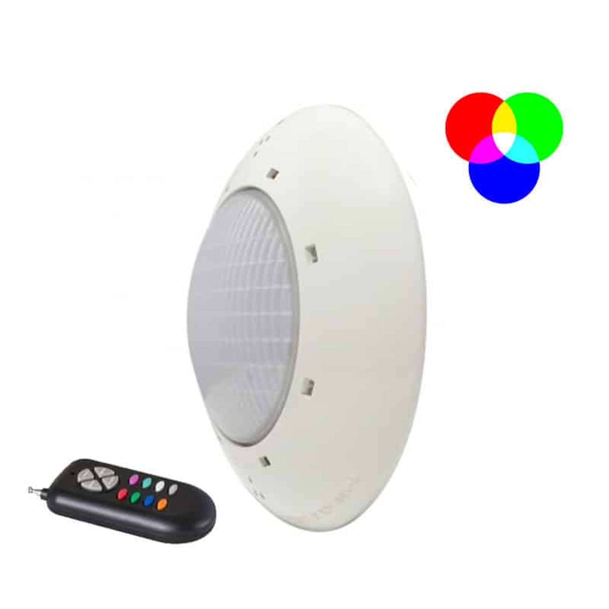 Luminaria ovalada blanca con control remoto y gráfico de círculos de color.