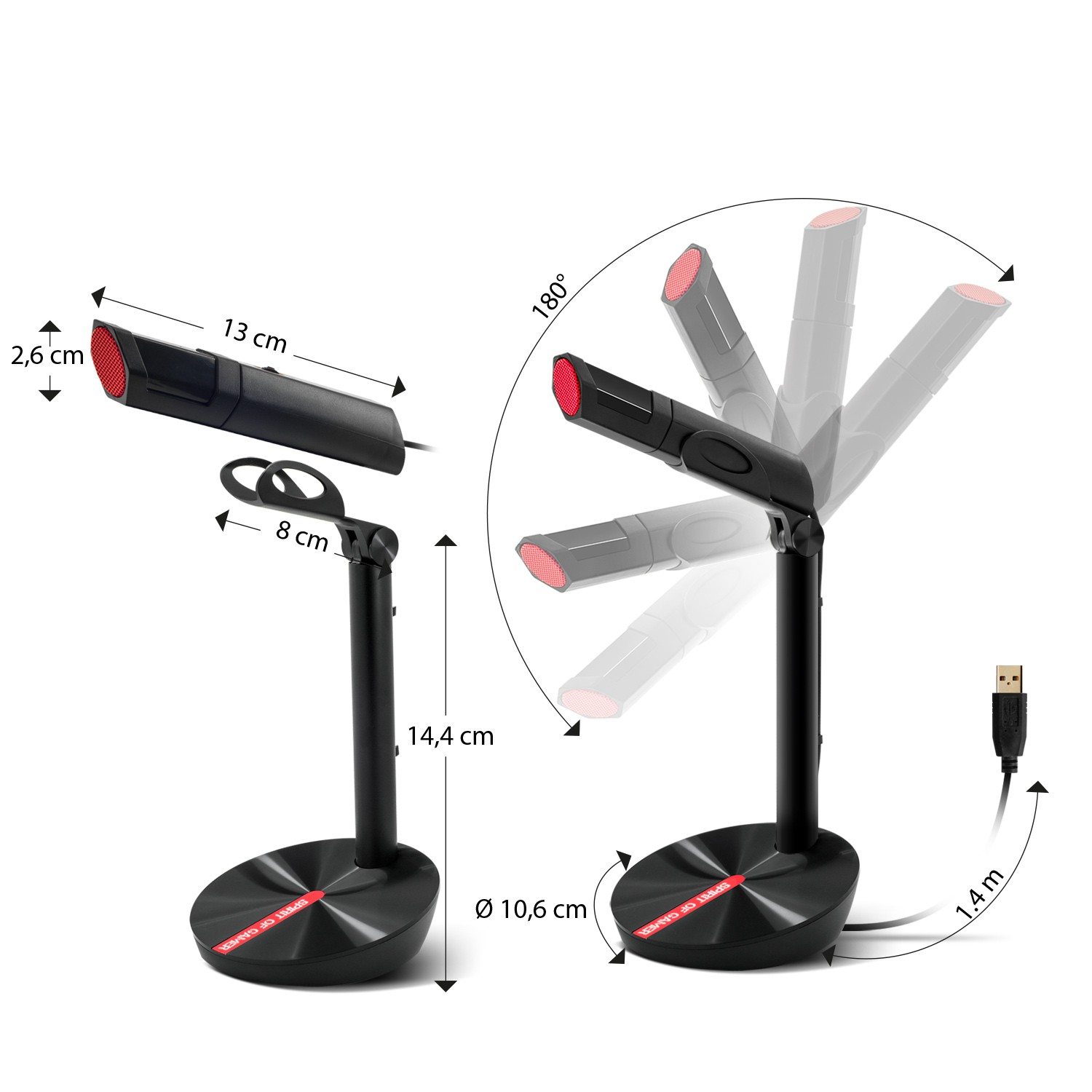 Microfono da scrivania nero con braccio regolabile, punta illuminata rossa e cavo USB.