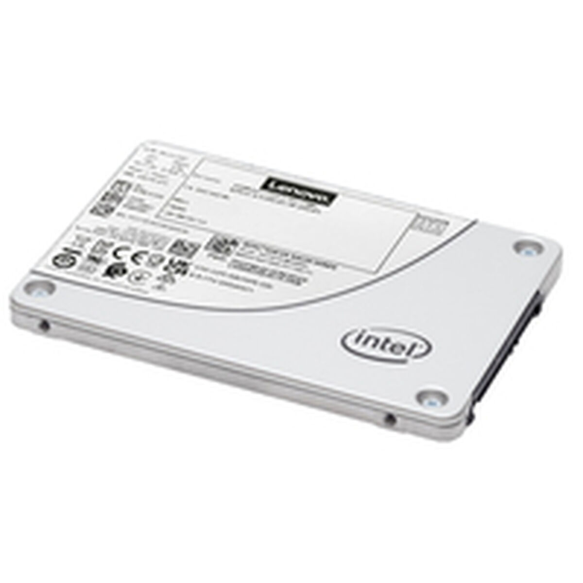 Un SSD Lenovo argentato con logo Intel è mostrato su sfondo bianco.