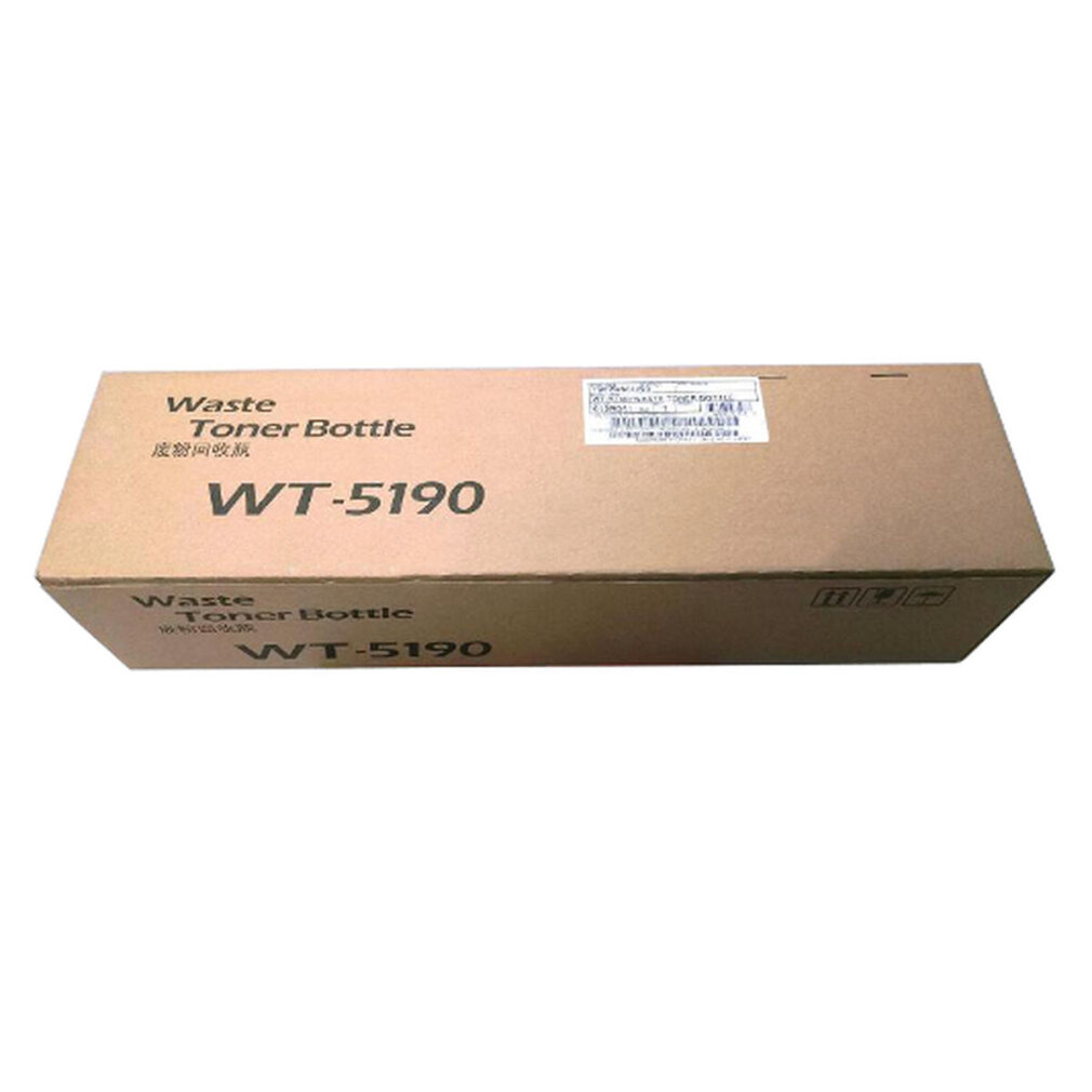 Scatola di cartone etichettata Waste Toner Bottle WT-5190. Sfondo bianco.