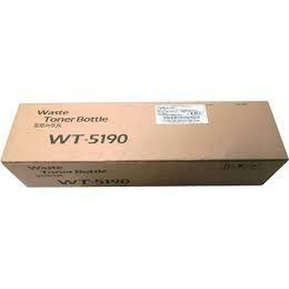 Scatola di cartone etichettata Waste Toner Bottle WT-5190. Adesivo bianco in alto.