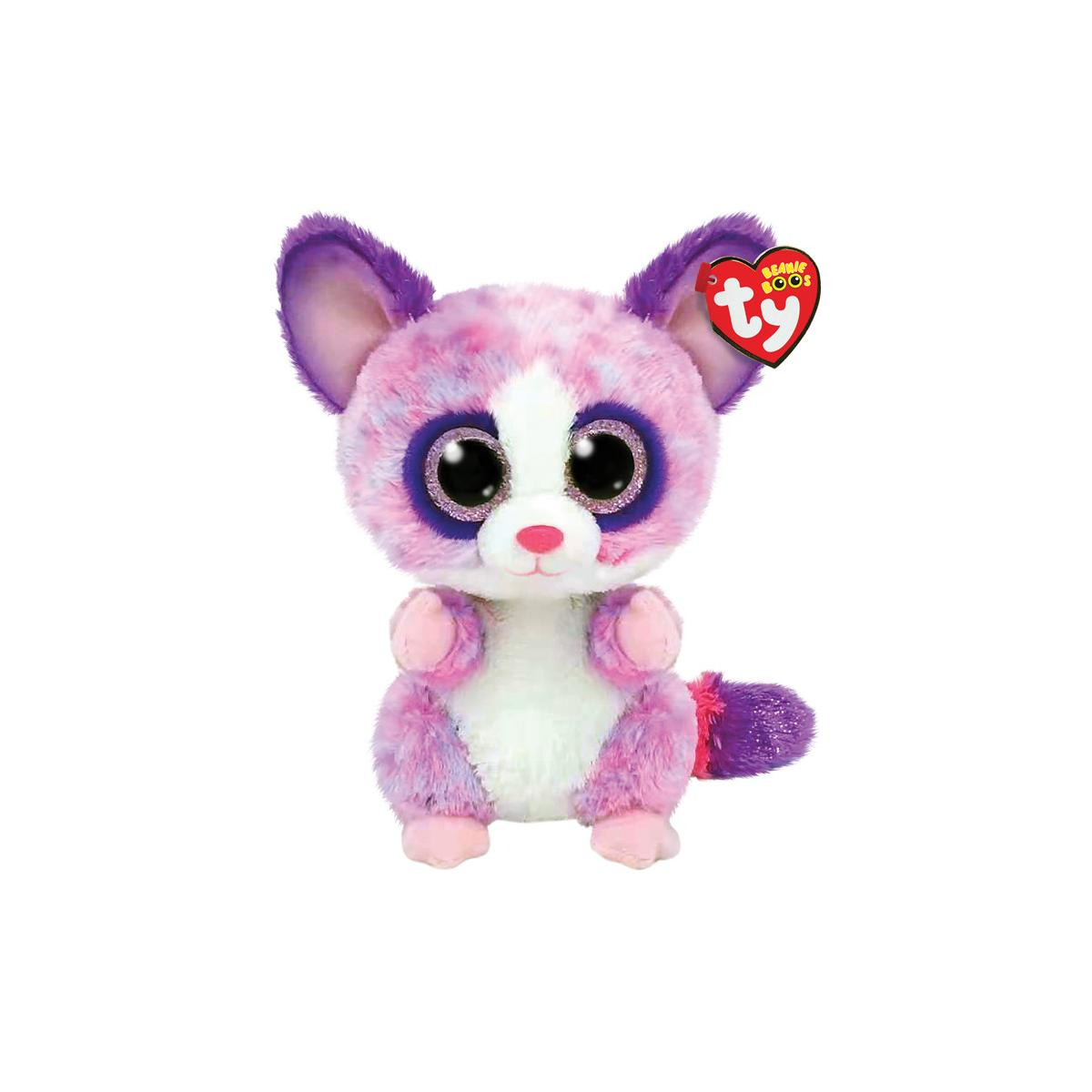 Un procione di peluche Ty Beanie Boo viola e rosa con grandi occhi e orecchie glitterati.