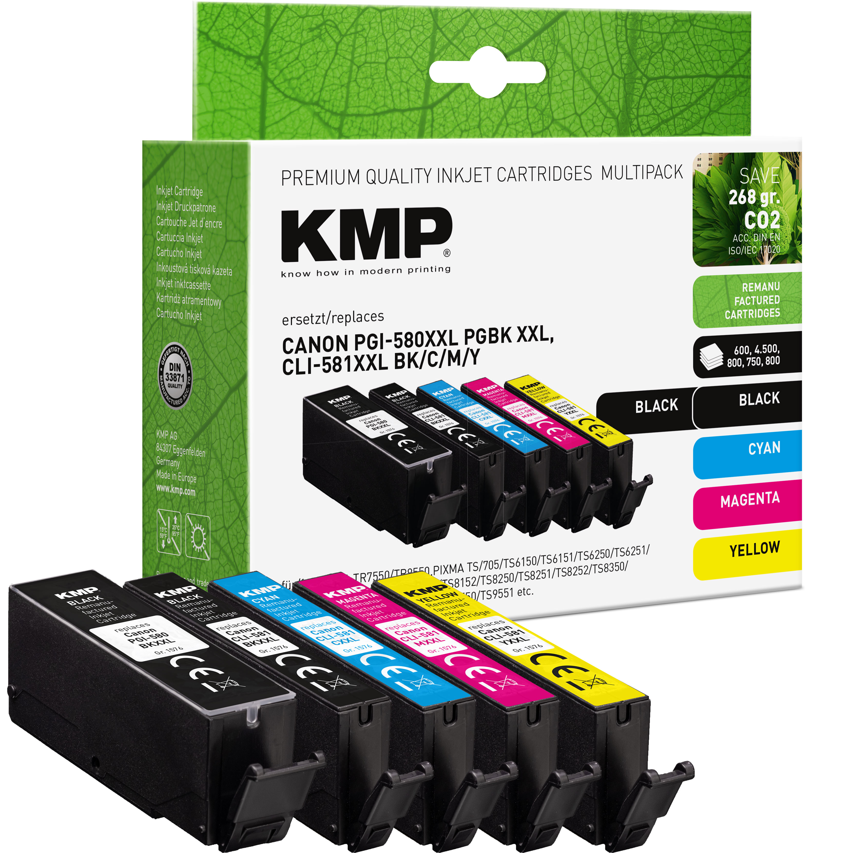 Multiconfezione KMP di cartucce inkjet rigenerate per stampanti Canon. Include nero, ciano, magenta, giallo.