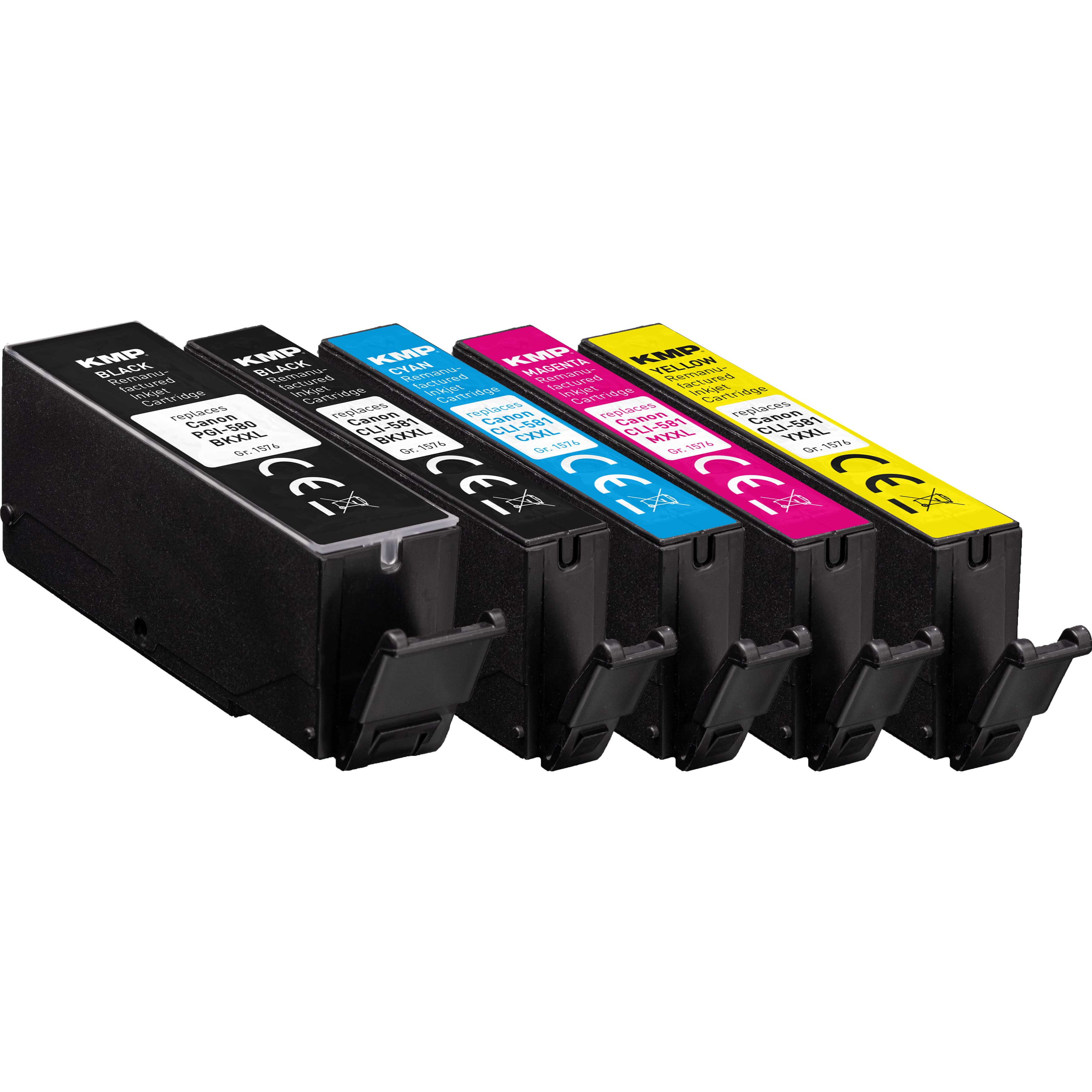 Cinque cartucce inkjet rigenerate KMP in nero, ciano, magenta e giallo.