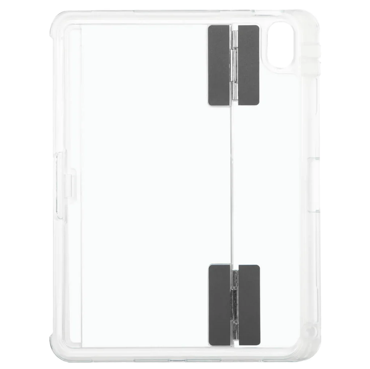 Un supporto trasparente per tablet con due cerniere scure collegate al centro.