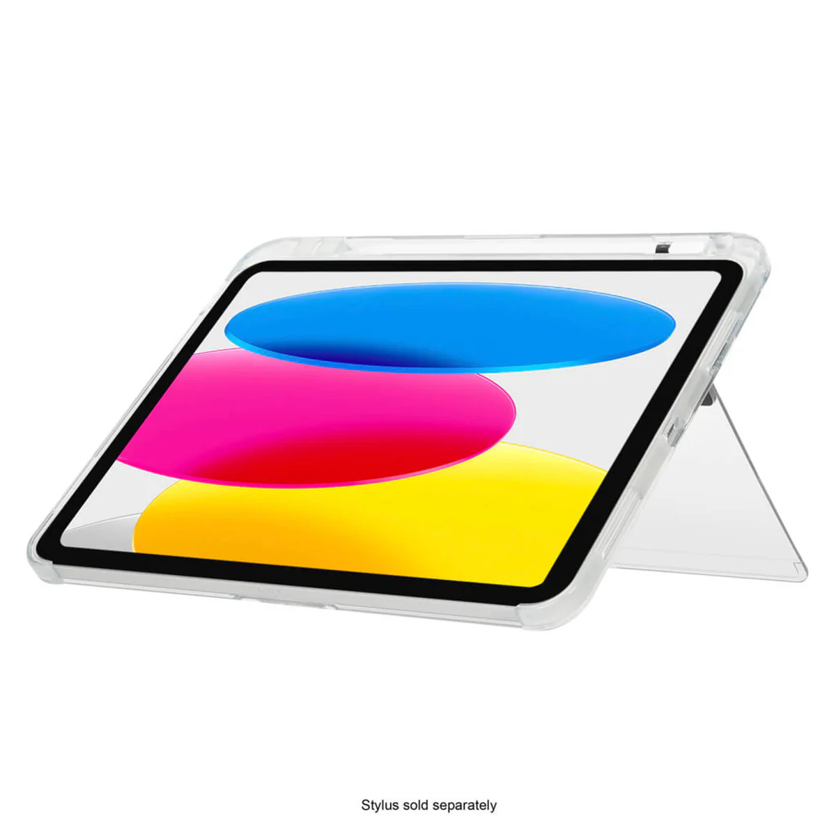 Una custodia trasparente per tablet con supporto integrato tiene un tablet che mostra macchie colorate.