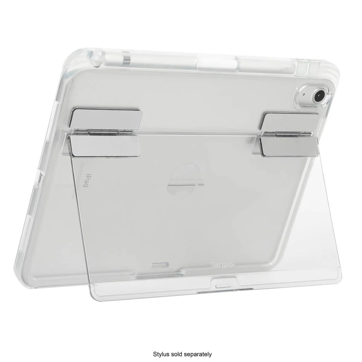 Custodia trasparente per iPad con supporto integrato, mostra il logo Apple e la fotocamera.