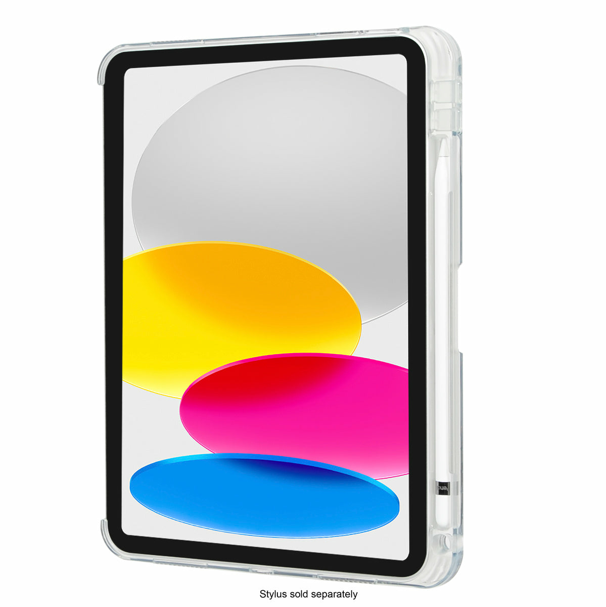 Un iPad con custodia trasparente e stilo attaccato al lato su sfondo bianco.