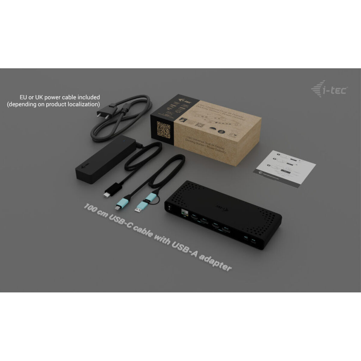 Stazione docking i-tec nera, adattatore di alimentazione, cavo USB-C e scatola grigi.