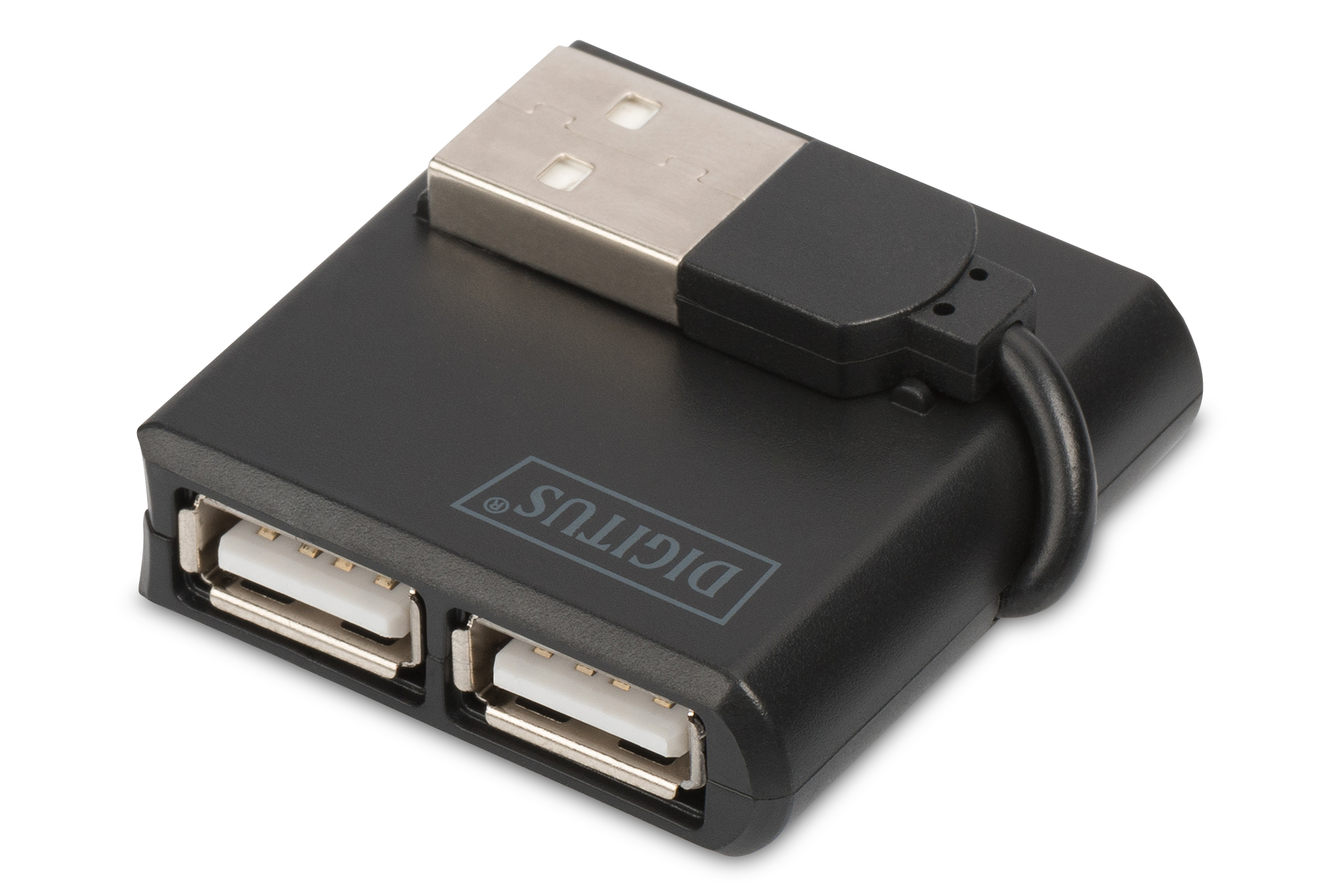 İki USB bağlantı noktasına ve bir USB-A konektörüne sahip siyah Digitus USB hub.