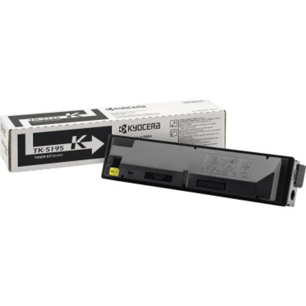 Een Kyocera TK-5195 zwarte tonerkit wordt getoond naast de doos. De toner is zwart.