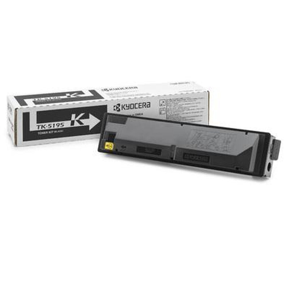 Kyocera TK-5195 zwarte toner cartridge en doos op witte achtergrond.