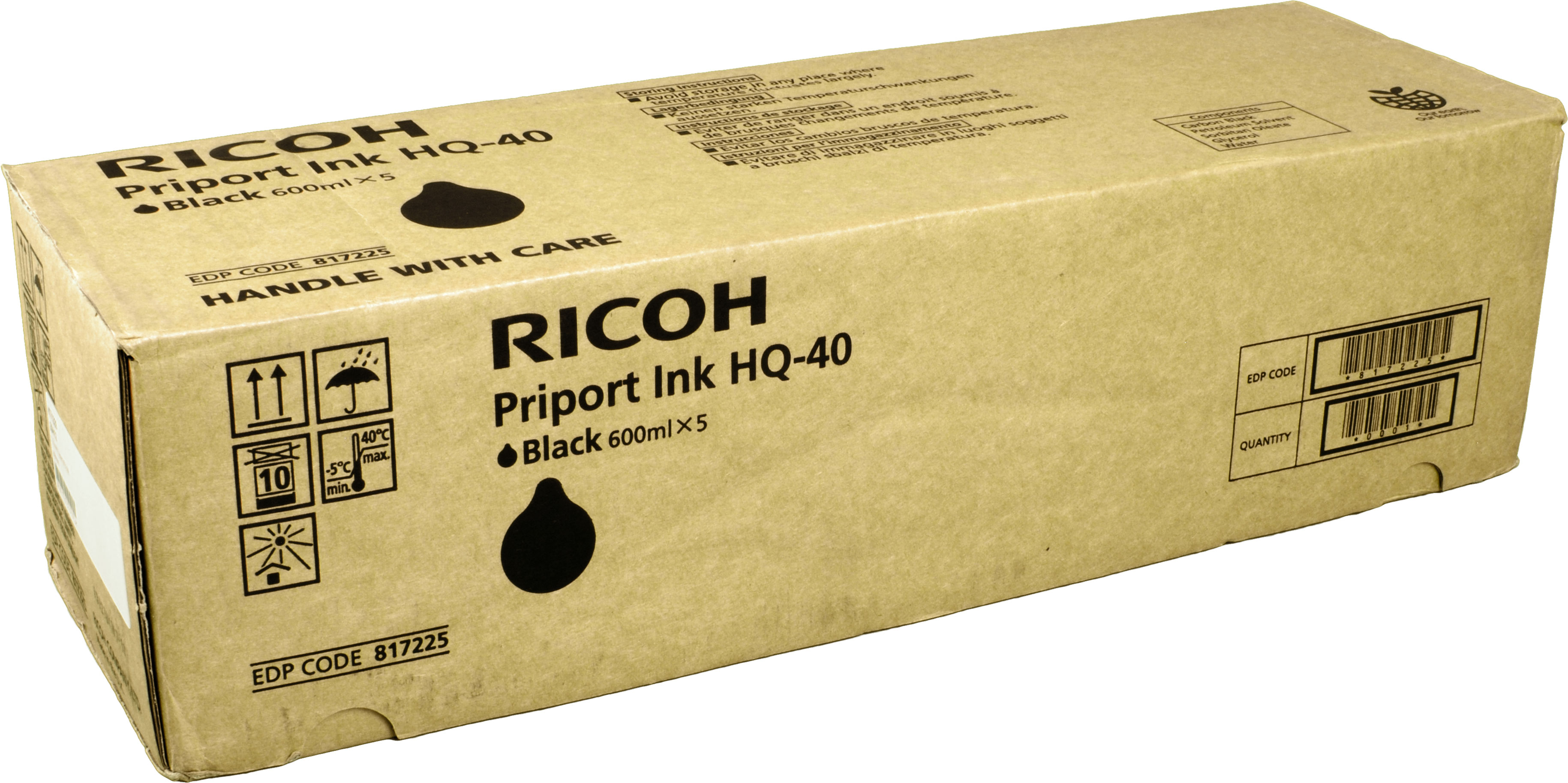 Scatola Ricoh Priport Ink HQ-40 Nero 600ml x 5 con simboli di movimentazione.
