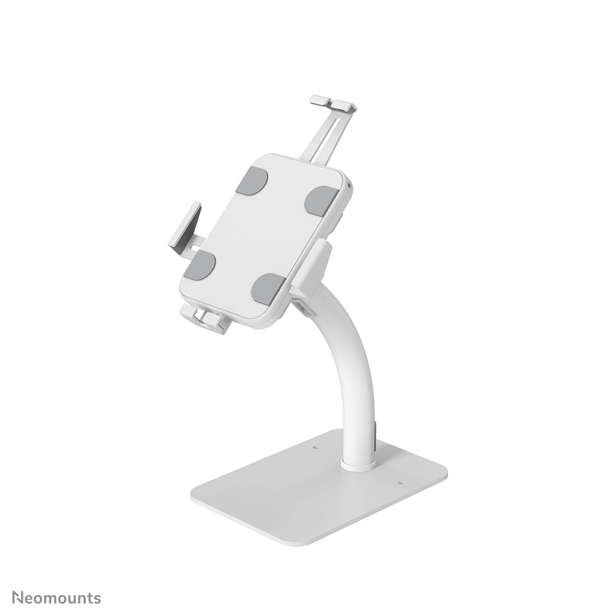 Supporto bianco per tablet con collo d'oca flessibile e base rettangolare.