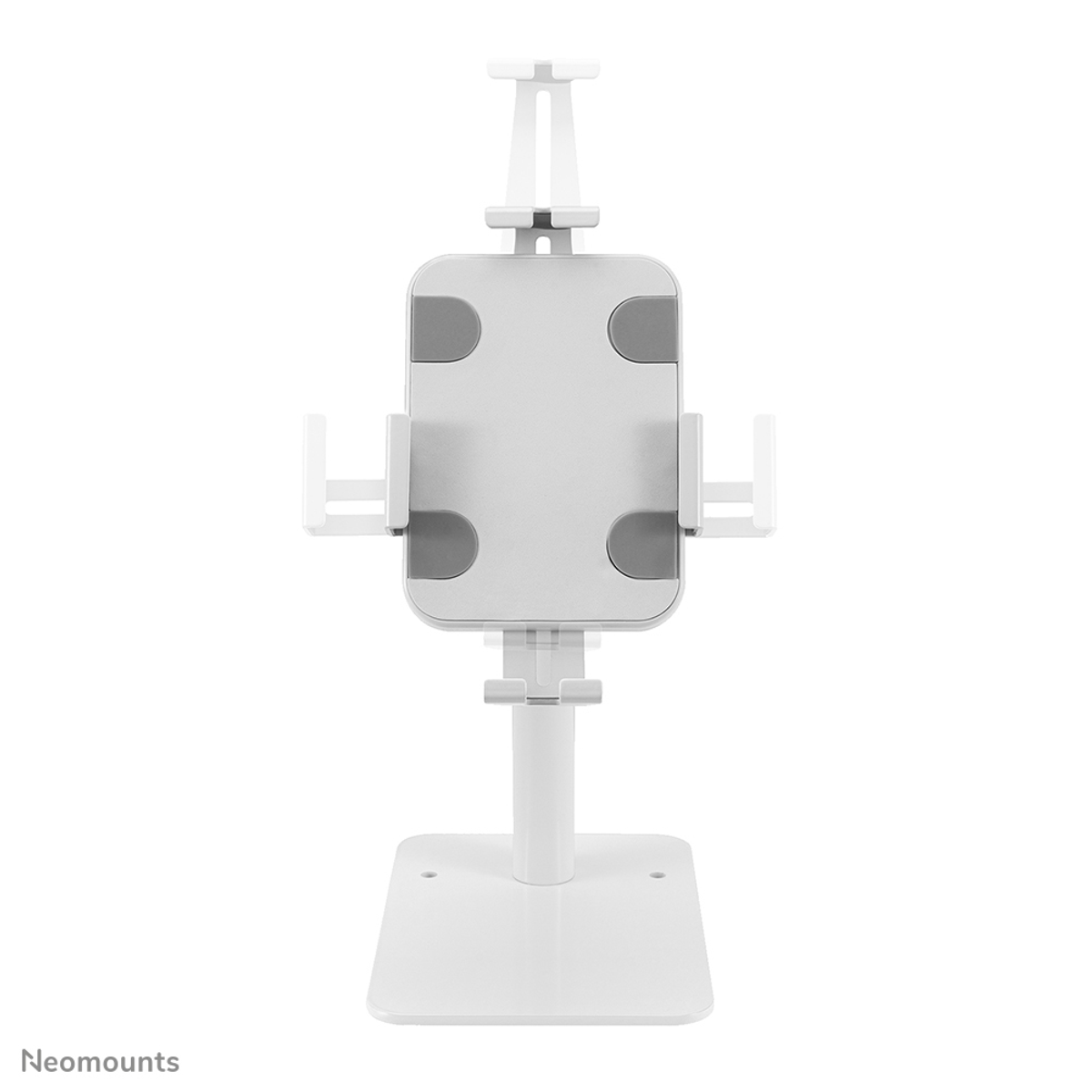 Supporto bianco per tablet con bracci regolabili e base quadrata, su sfondo bianco.
