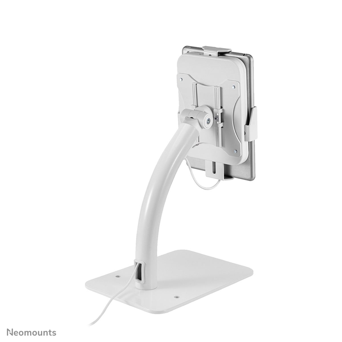 Un supporto bianco per tablet con braccio e base regolabili.