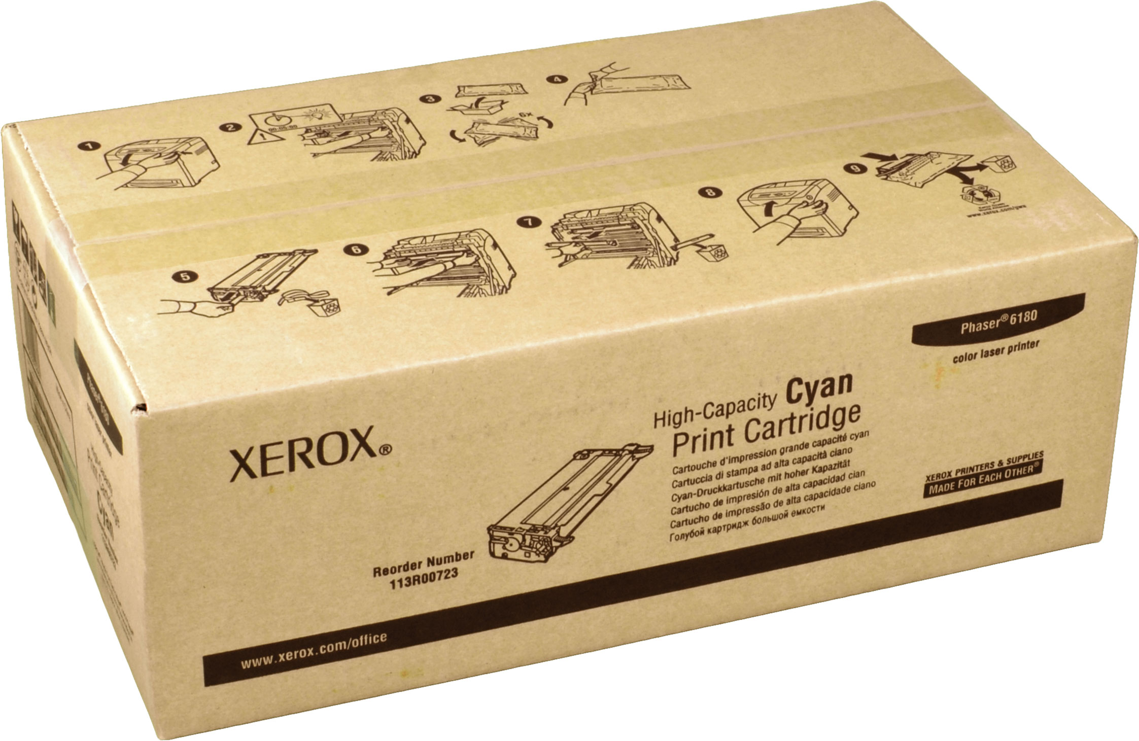 Scatola Xerox per cartuccia toner ciano alta capacità, con istruzioni.