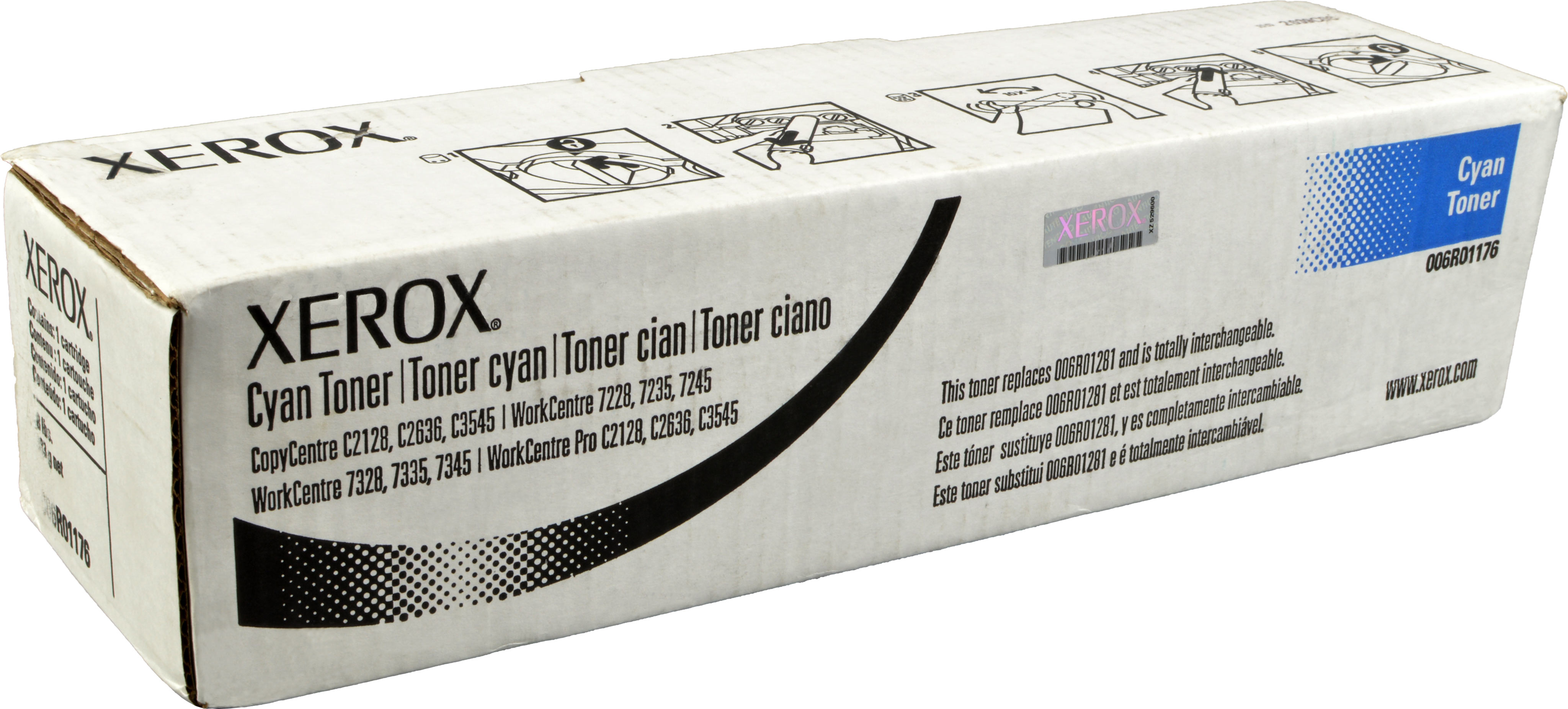Scatola toner Xerox Cyan con numero modello 006R01176 e info compatibilità.