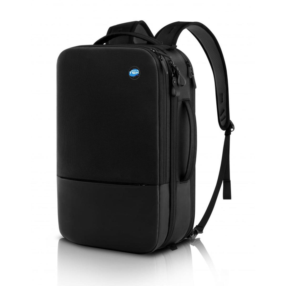 Uno zaino nero con logo blu è mostrato su sfondo bianco.
