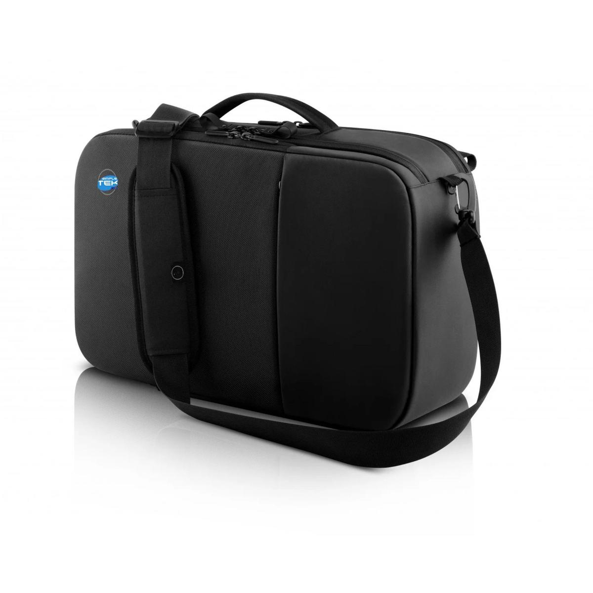 Una borsa da viaggio nera con manico, tracolla e logo blu sul lato.