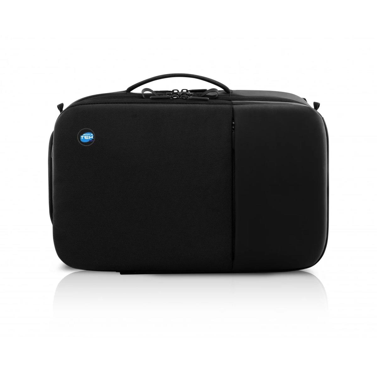 Uno zaino nero con logo blu e bianco sul davanti. Ha una maniglia in alto.
