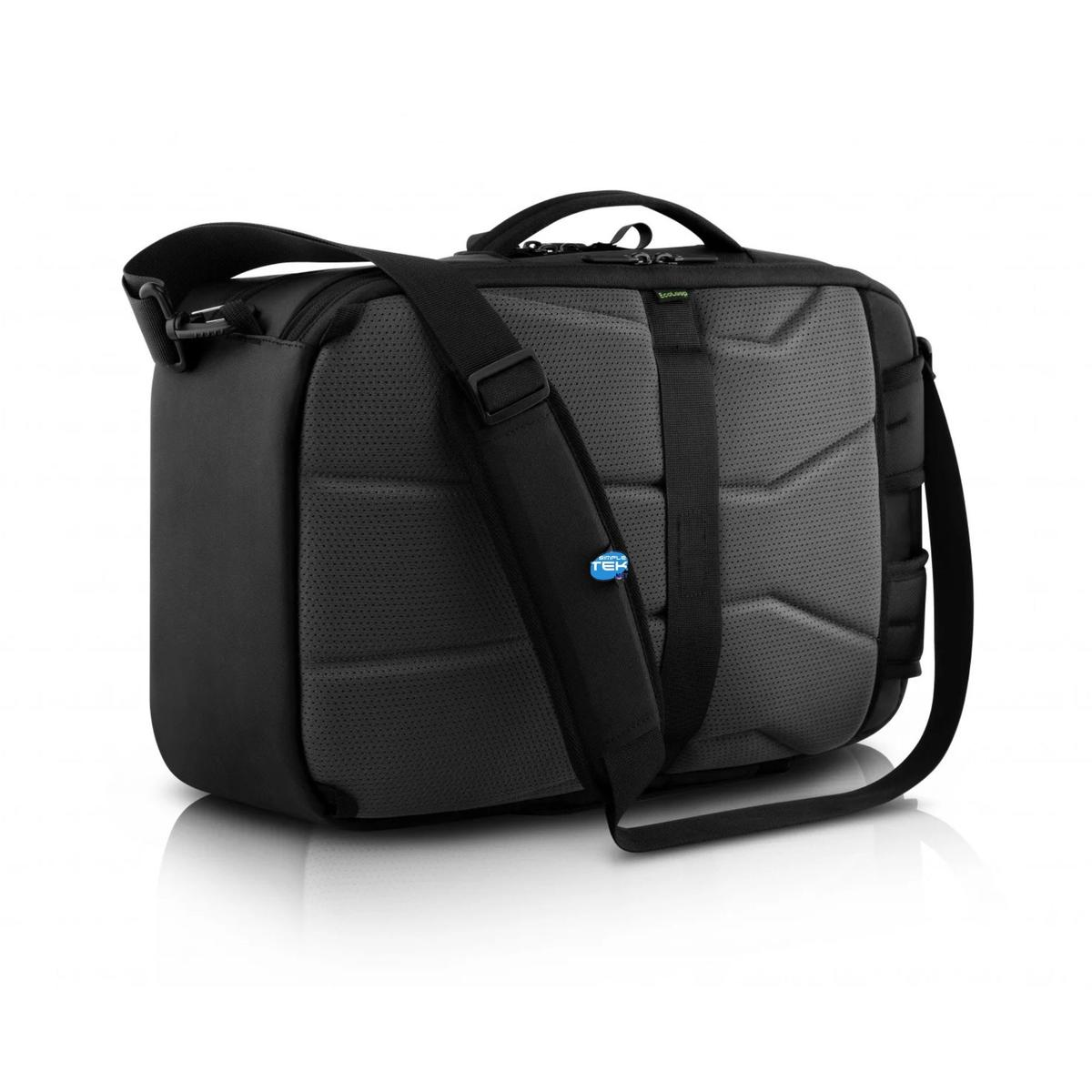 Una borsa messenger nera con schienale grigio imbottito e tracolla.