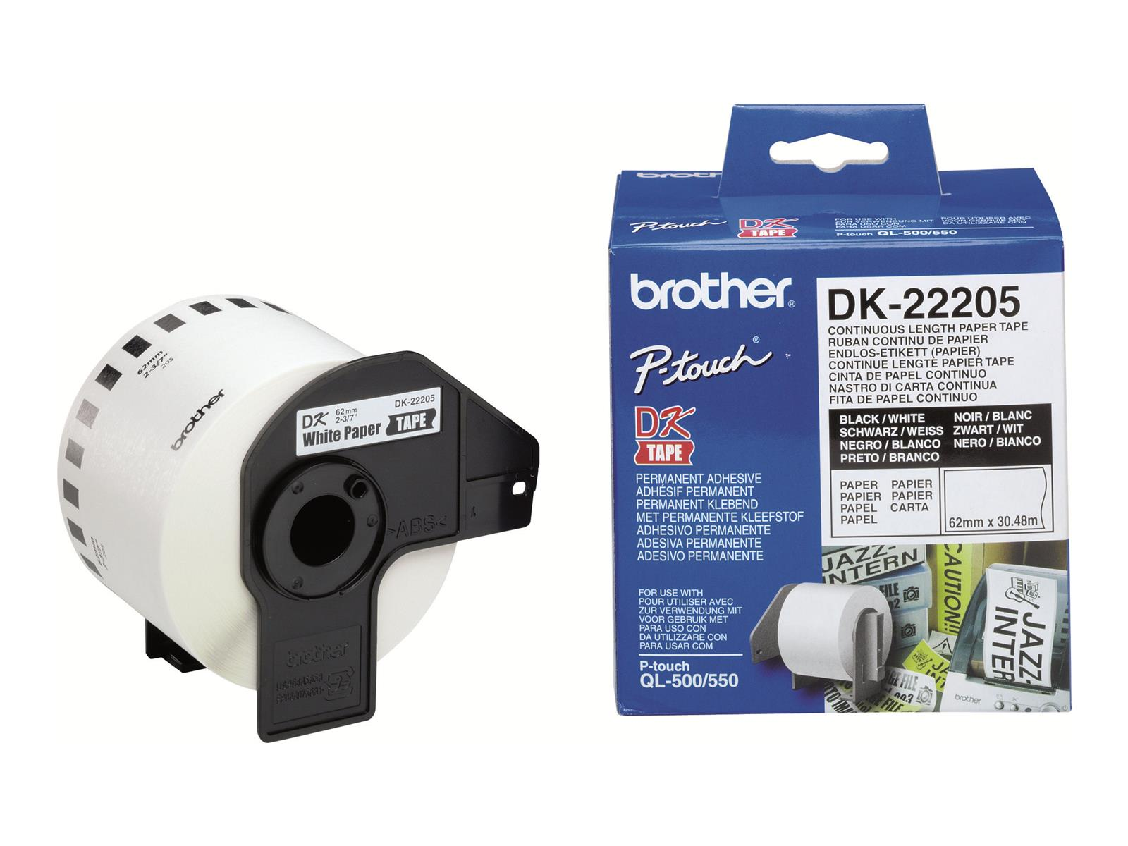 Rotolo nastro Brother P-Touch DK-22205 e confezione su sfondo bianco.