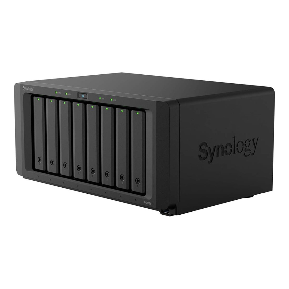Czarny NAS Synology DS1825+ z 8 zatokami na dyski i wskaźnikami stanu.