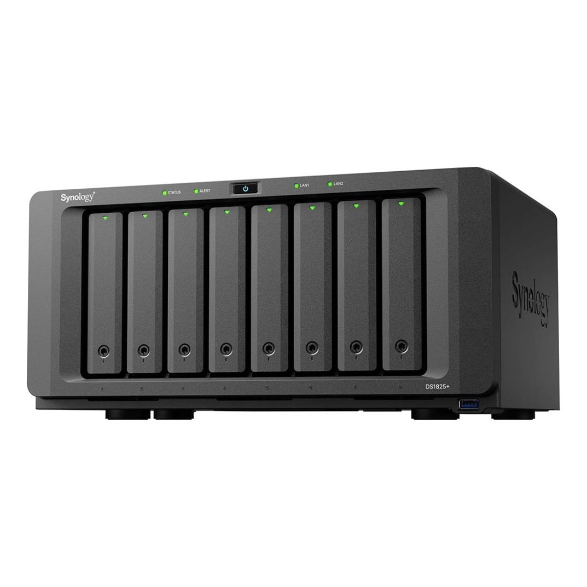Czarny NAS Synology DS1825+ z 8 zatokami na dyski i lampkami statusu.