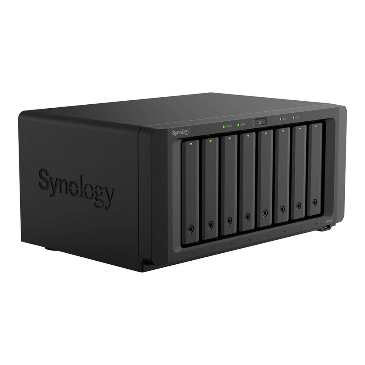 Czarny serwer NAS Synology z ośmioma zatokami na dyski i lampkami kontrolnymi.