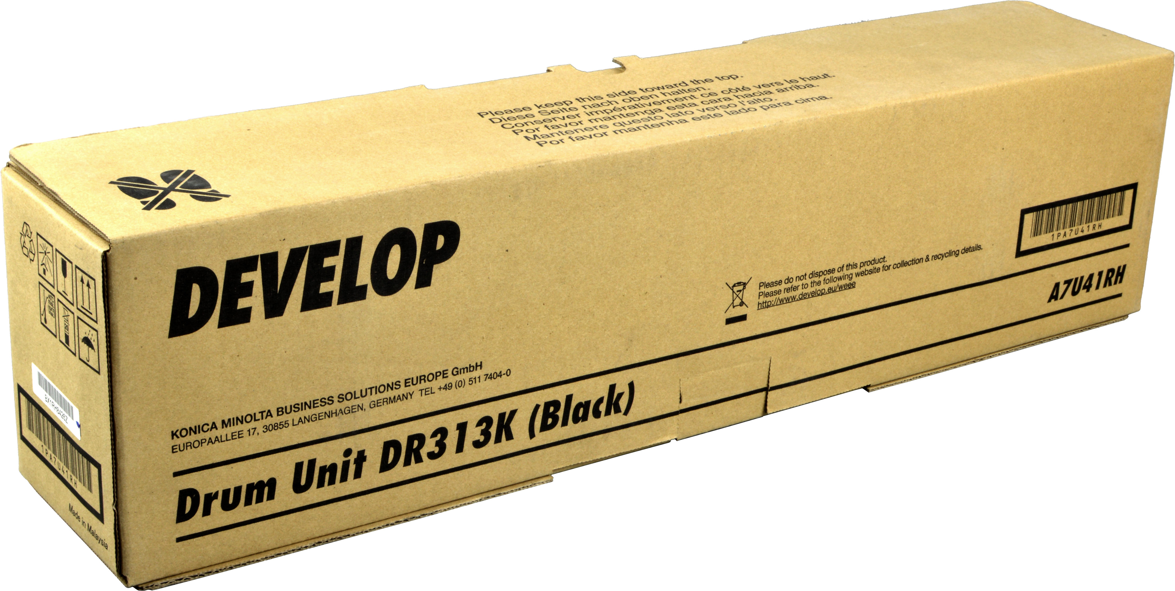 Unità tamburo Develop DR313K (Nero) in una scatola di cartone marrone.