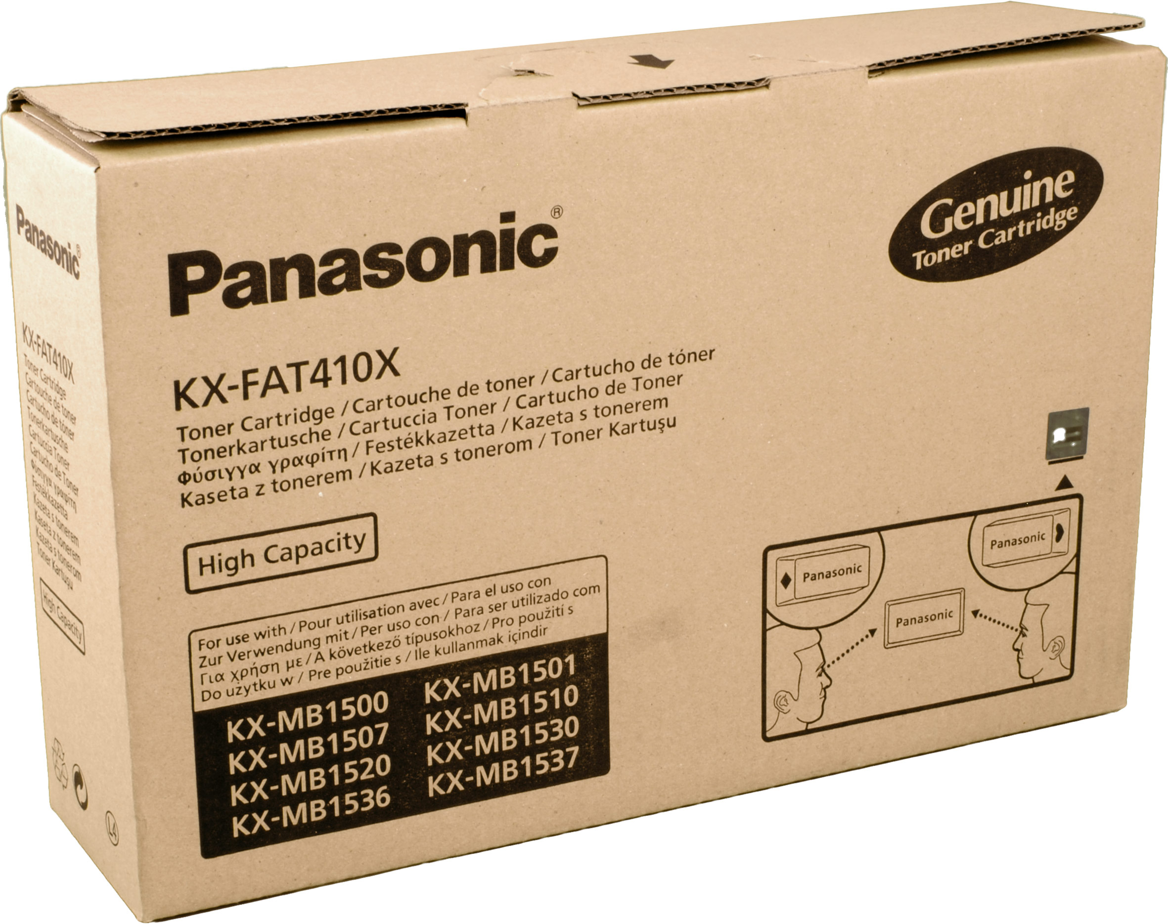 Scatola toner originale ad alta capacità Panasonic KX-FAT410X con numeri di modello.