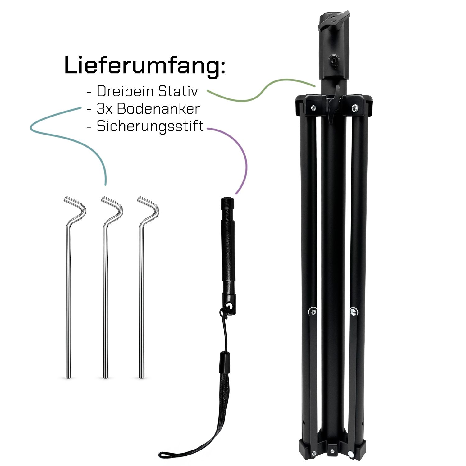 Lieferumfang: Stativ, 3 Bodennägel, Sicherungsstift.