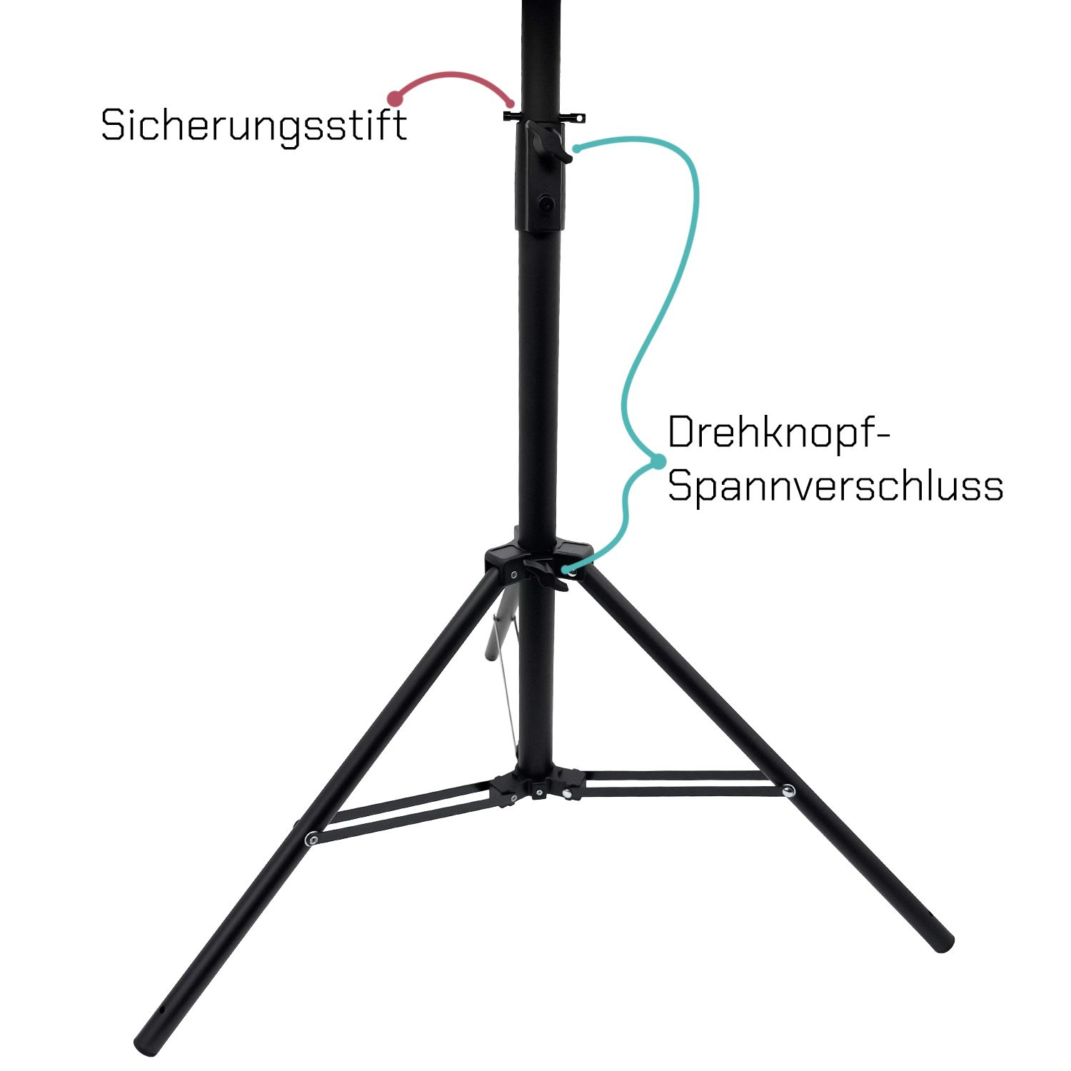 Schwarzer Dreibeinstativ mit Höhenverstellmechanismus und Sicherungsstift.