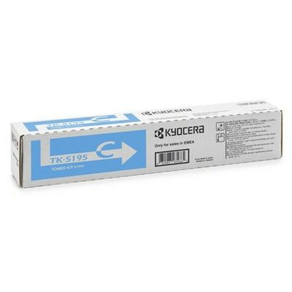 Une boîte de kit de toner Kyocera TK-5195 avec une flèche bleue et du texte.