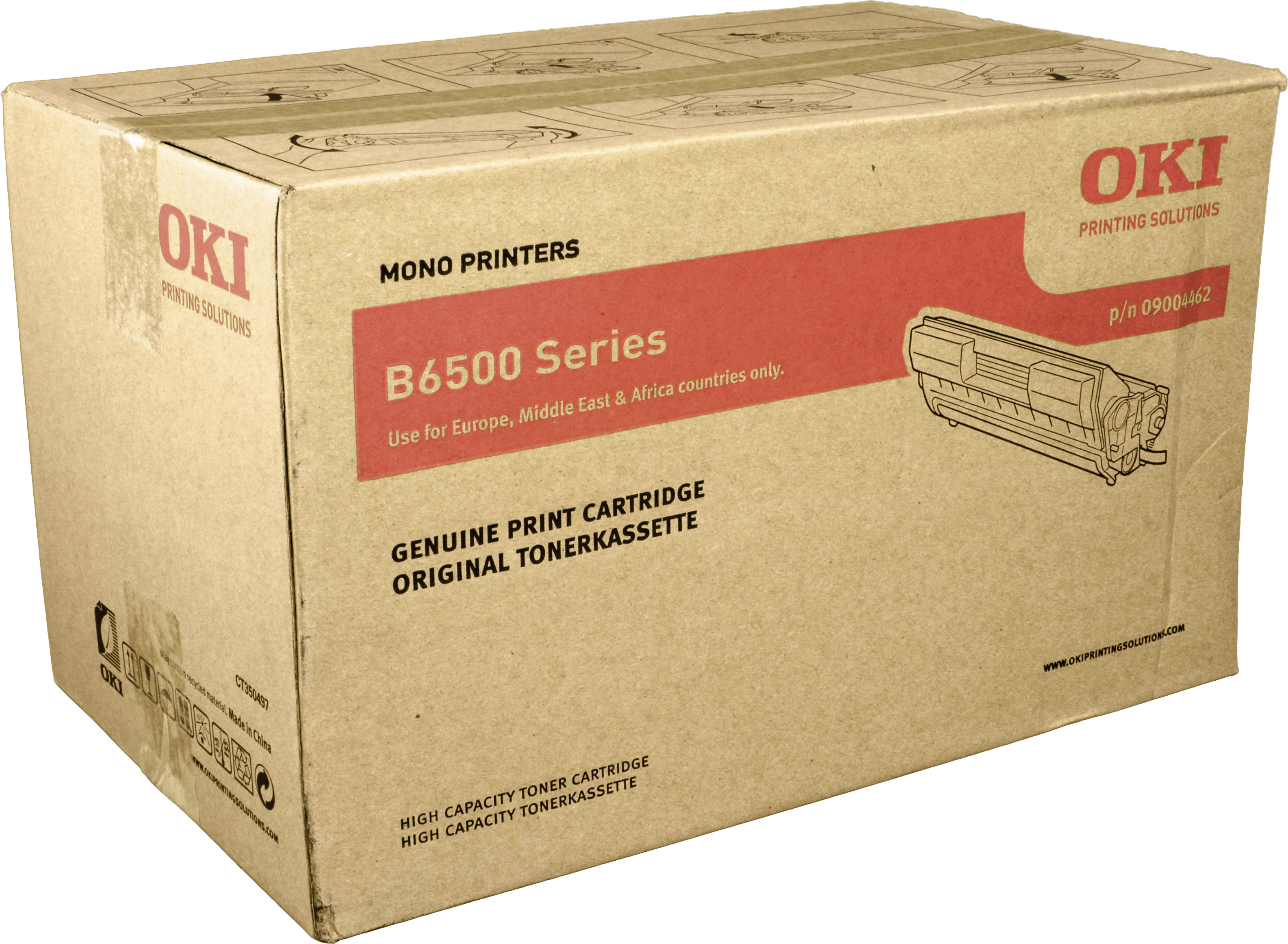 Cartuccia toner OKI Serie B6500 per stampanti mono, scatola marrone con banda rossa.