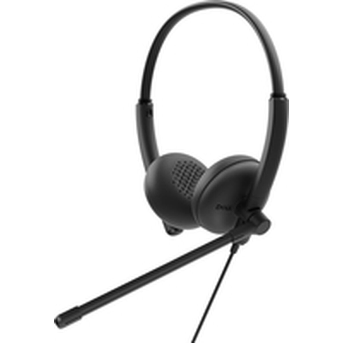 Een zwarte headset met flexibele microfoonarm rust tegen een witte achtergrond.