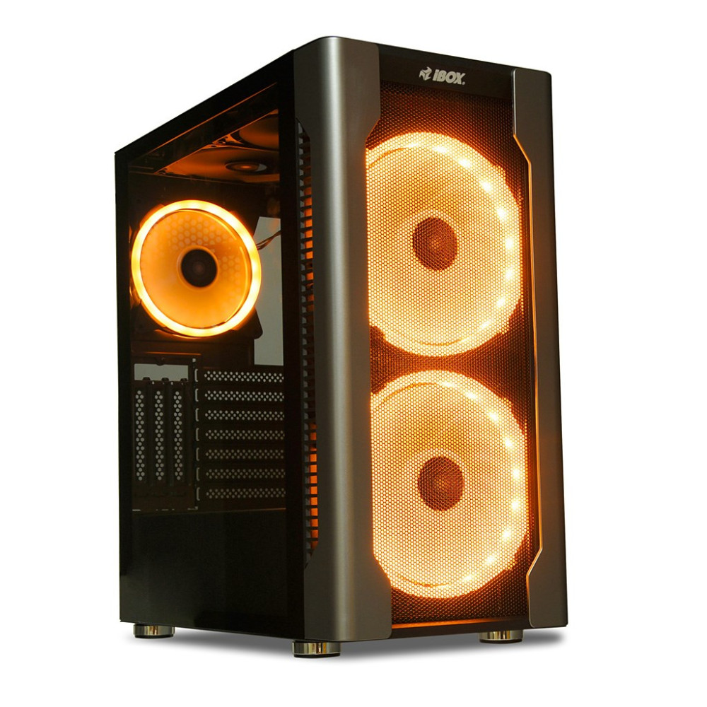 Czarna obudowa komputera z pomarańczowo świecącymi wentylatorami i logo IBOX na białym tle.