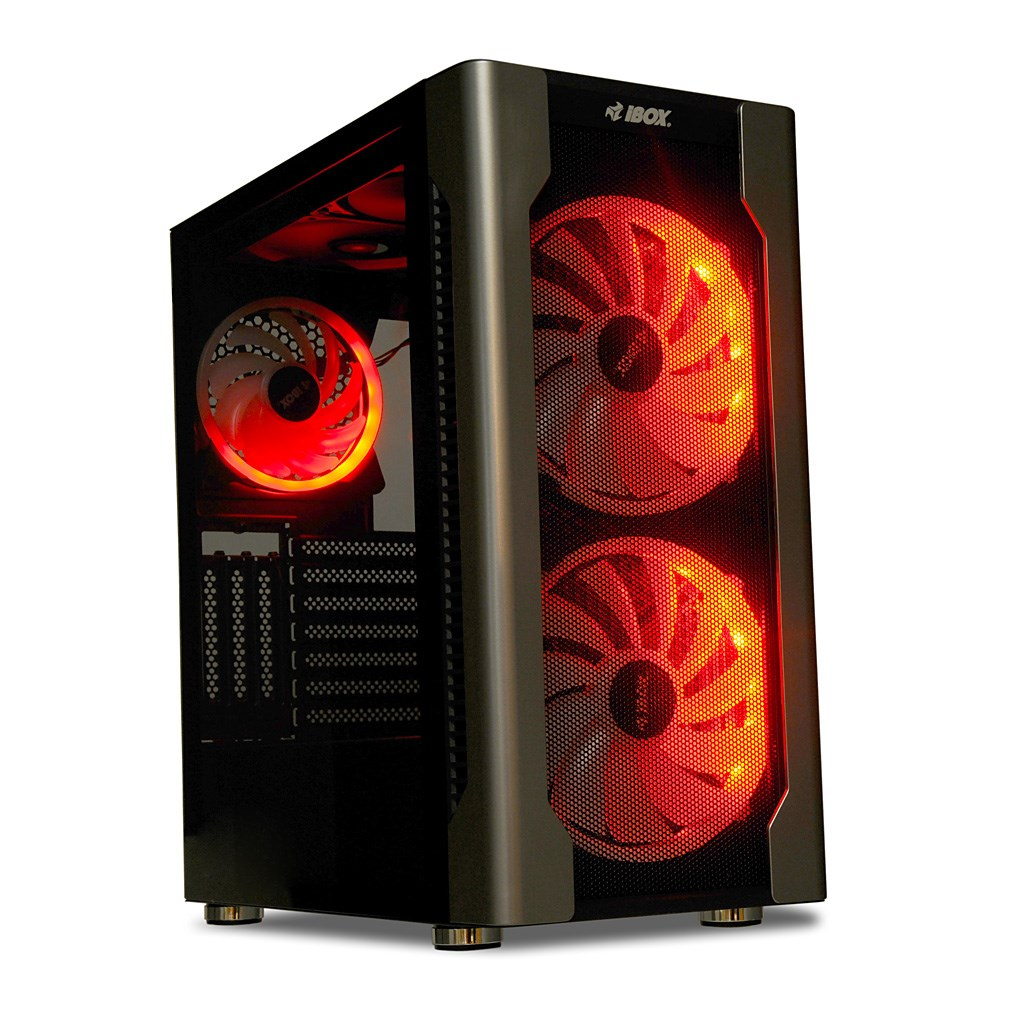 Czarna obudowa PC z czerwonymi wentylatorami i logo IBOX na białym tle.