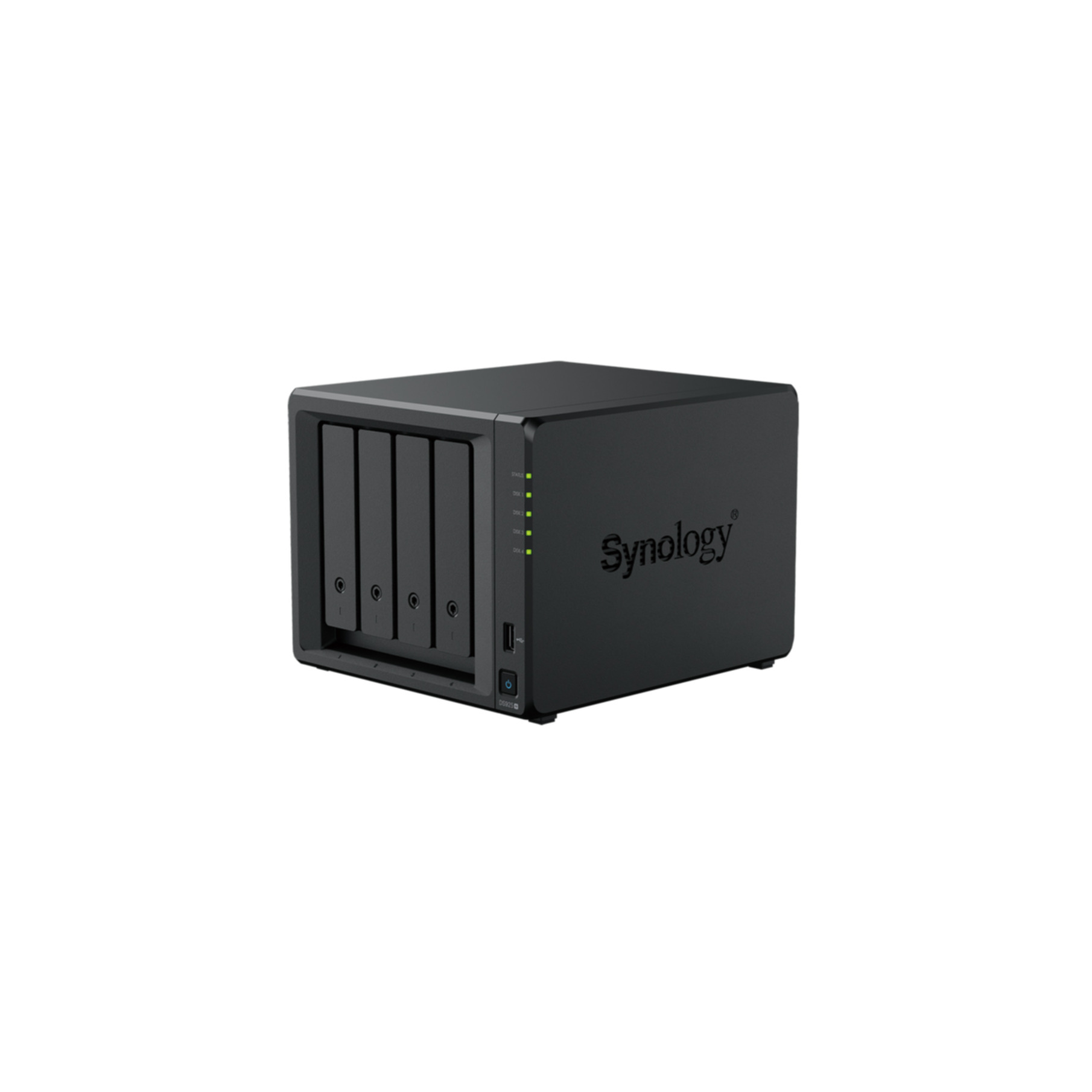 Een zwarte Synology NAS met vier schijfslots en statuslampjes wordt getoond.