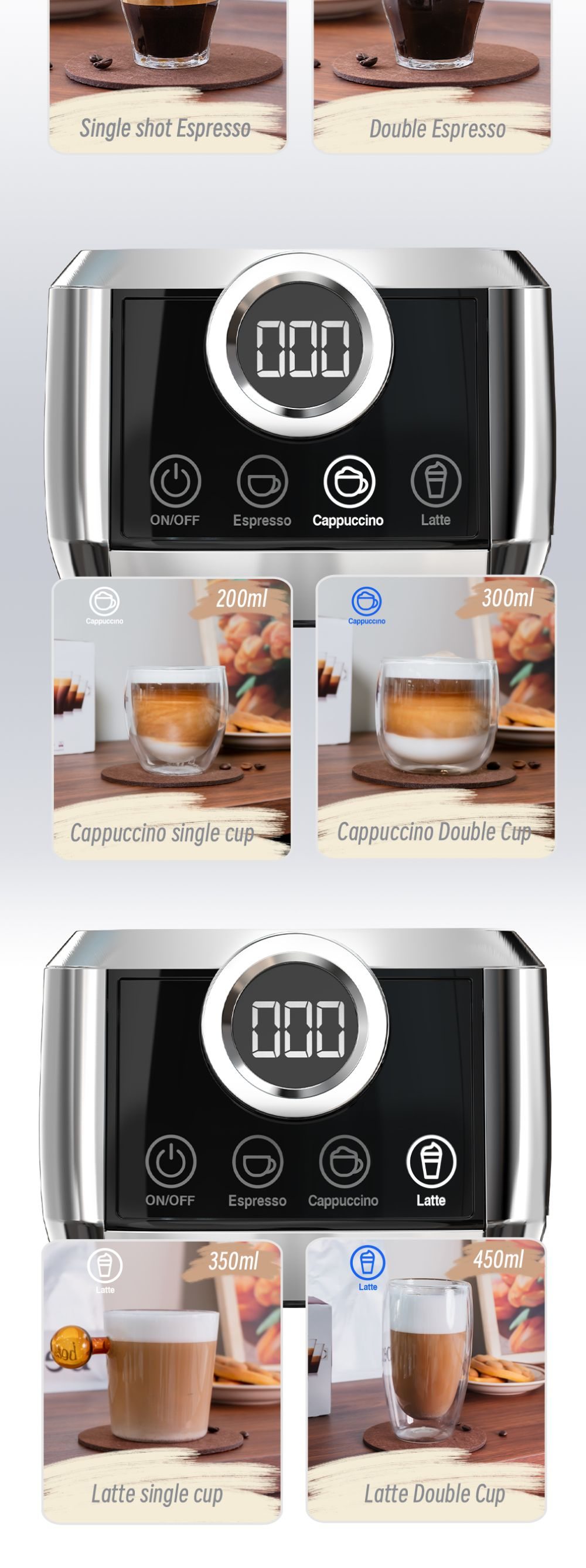 La pantalla de la cafetera muestra opciones de encendido/apagado, Espresso, Cappuccino, Latte.