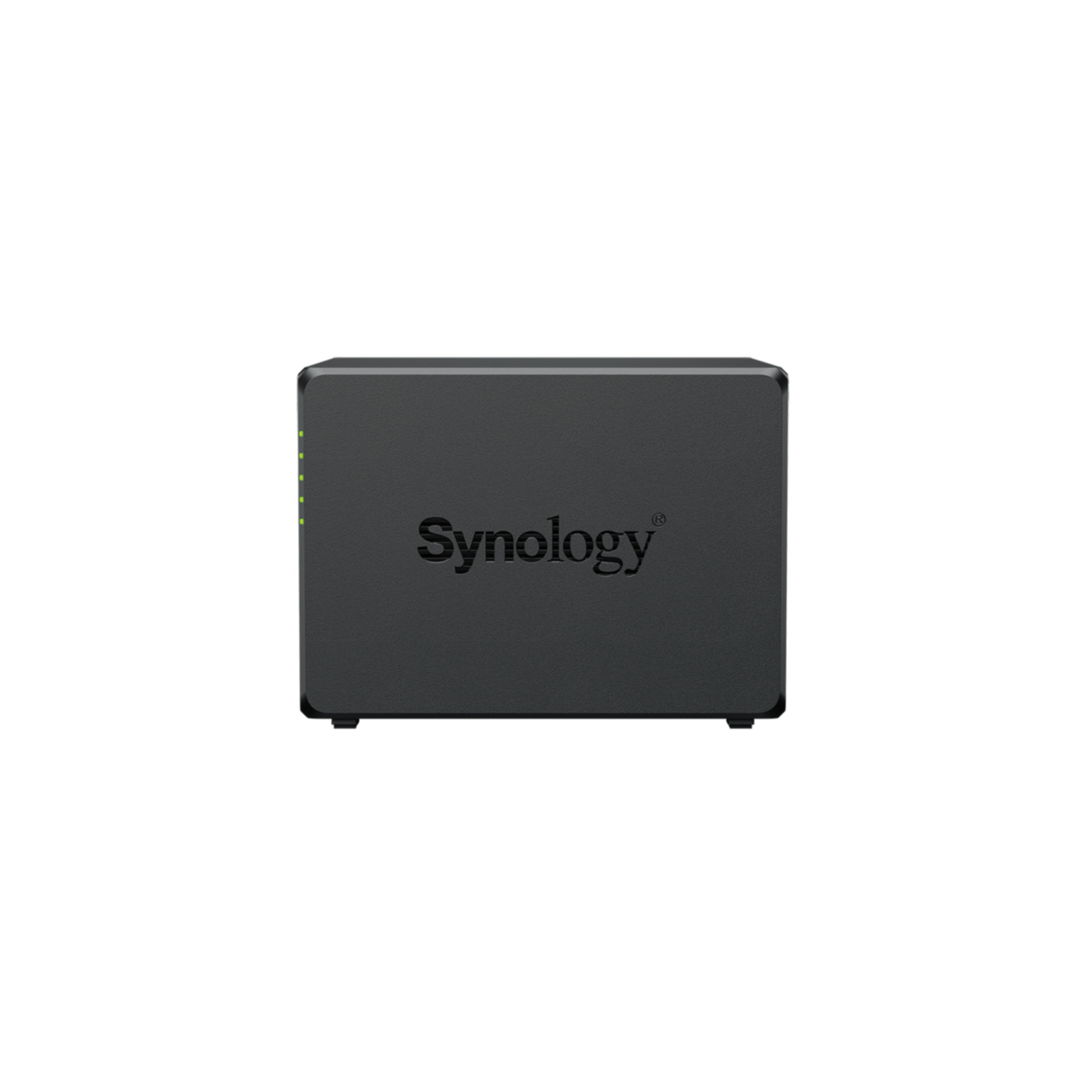 Een zwart Synology NAS-apparaat met groene LED-indicatoren aan de linkerkant.